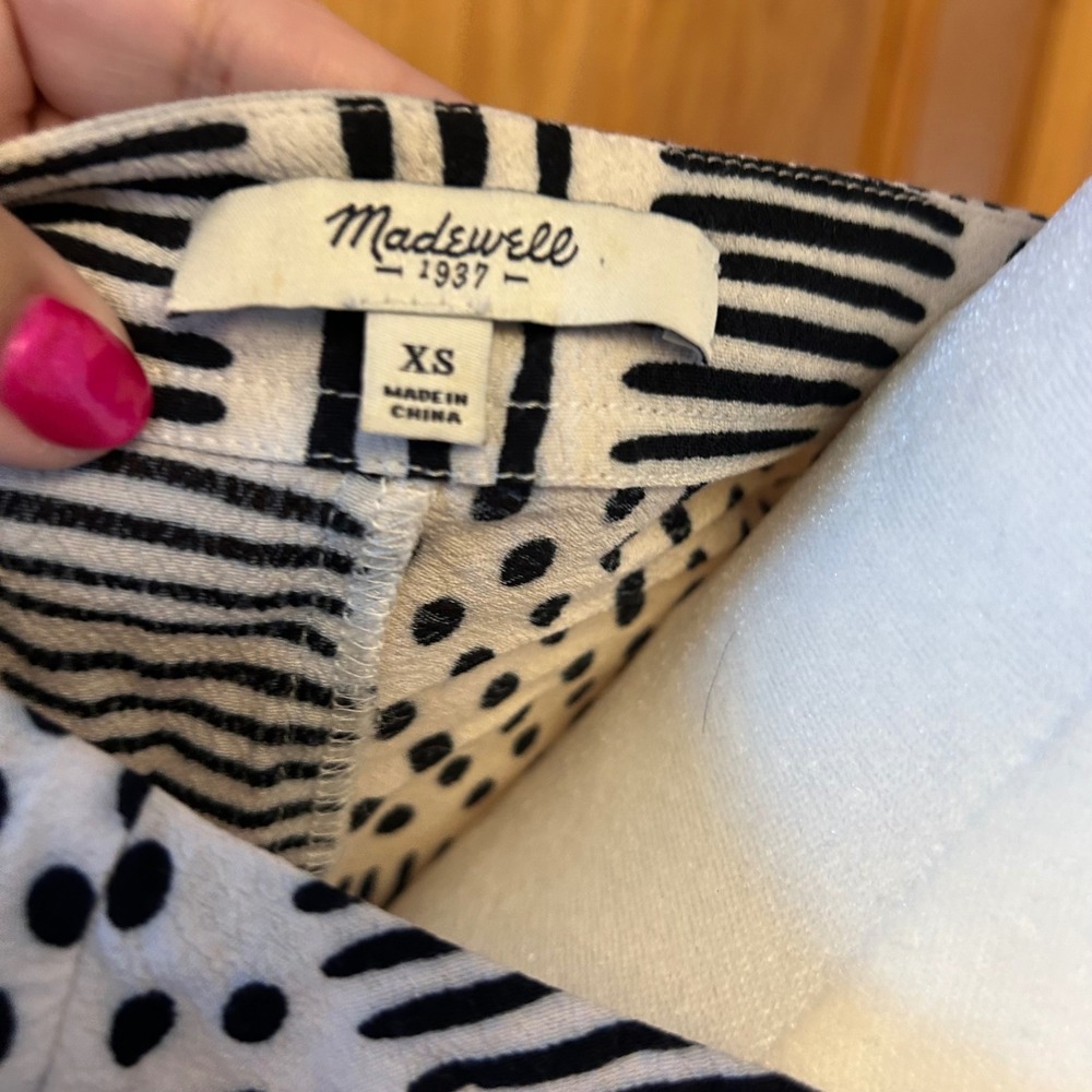 Madewell Central Shirt Women XS Black White‎ Excellent Polka Dot Striped Viscose - Picture 3 of 4